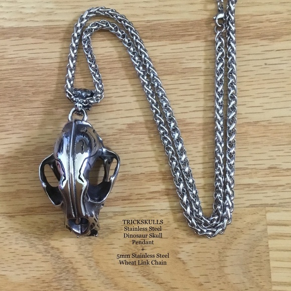 Sabre-Toothed Tiger Smilodon Big Cat Dinosaur Skull Stainless Pendant & Chain - Picture 10 of 13